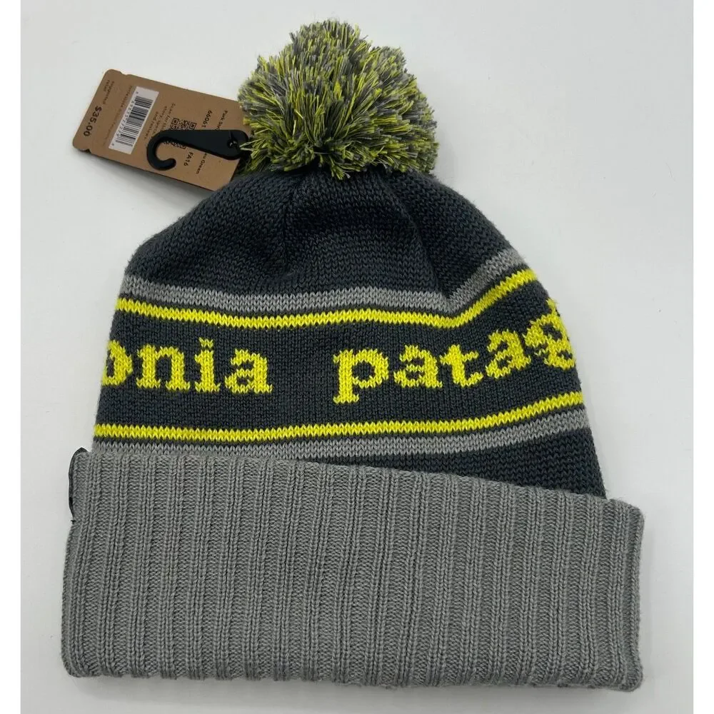 Patagonia Kids Powder Town Beanie Park Stripe Gray Green One Size NWT